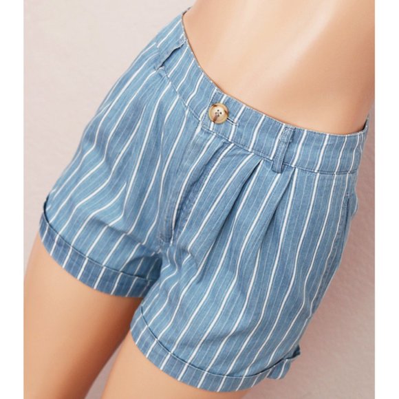 Denim Blue Striped 100% Cotton High Waist Shorts - Picture 3 of 10